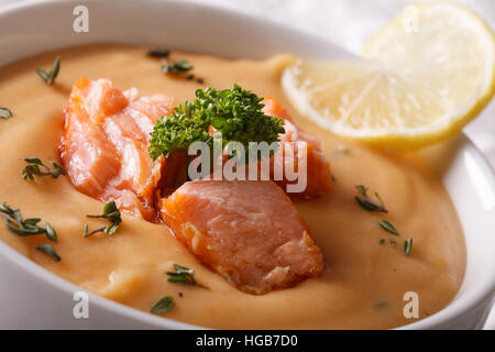 Crema spessa zuppa di pesce Salmone macro in una ciotola bianca orizzontale. Foto Stock