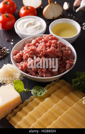 Ingredienti per le lasagne italiane close-up su una scheda di ardesia verticale. Foto Stock