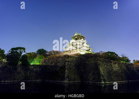 Vista notturna del famoso e storico castello di Osaka a Osaka, Giappone Foto Stock
