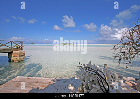 Donna che indossa un cappello sulla vacanza tropicale in Bahamas. A iguana island Exuma seduti sulla sabbia dall'oceano. Foto Stock