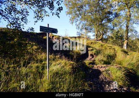 Sentiero segnaletica per Briga o' Turk attraverso Glen Finglas da Glen Buckie vicino a Balquhidder, Highlands scozzesi UK. Foto Stock