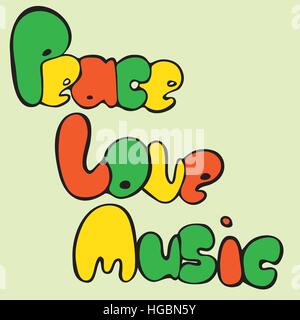 Disegno di pace, di amore e di musica in stile di bolla in verde, giallo e rosso. Illustrazione Vettoriale. Illustrazione Vettoriale