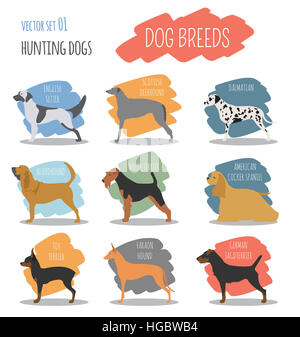 Razze di cani. Cani da Caccia icona set. In stile appartamento. Illustrazione Vettoriale Foto Stock