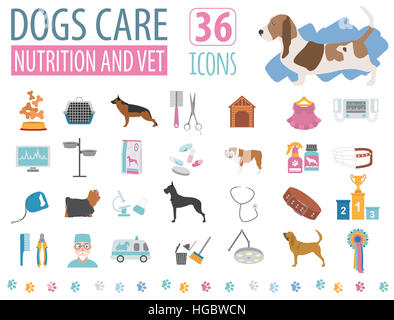 Icona del cane set. Heatlh care, vet, nutrizione, mostra. Illustrazione Vettoriale Foto Stock