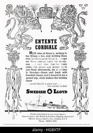 Anni Cinquanta annuncio pubblicitario dal vecchio originale vintage rivista inglese datato 1953 pubblicità per navi da crociera da Lloyd svedese Foto Stock