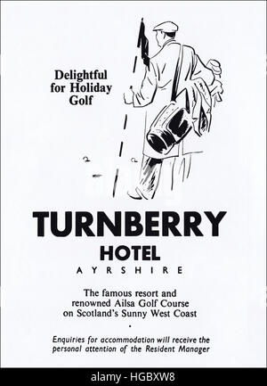 Anni Cinquanta annuncio pubblicitario dal vecchio originale vintage rivista inglese datato 1953 pubblicità per golf resort Hotel Turnberry Ayrshire in Scozia Foto Stock