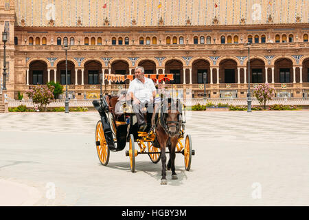 Siviglia, Spagna - 24 Giugno 2015: carro trainato da cavalli in Plaza de Espana in Siviglia, in Andalusia, Spagna. Piazza di Spagna. Foto Stock