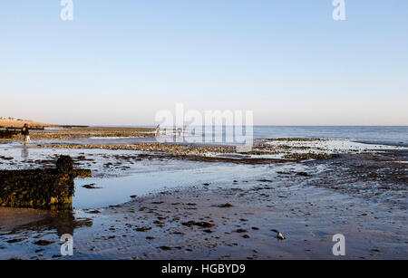 Camminando sulla spiaggia Ferring vicino a Worthing in West Sussex sulla giornata invernale a bassa marea Foto Stock