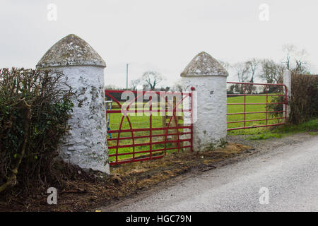 La tradizione round stone gate pilastri come visto in entrata a molti campi di fattoria in Irlanda Foto Stock