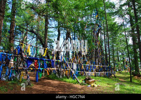 Il mongolo luogo sacro nella Taiga foresta vicino Lago Khovsgol. Foto Stock