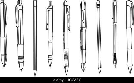 Penne e matite in una fila, illustrazione di contorno. Isolato su bianco. Illustrazione Vettoriale