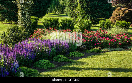 Colorato giardino di fiori perenni fiori di confine ai giardini Hershey, Pennsylvania, Stati Uniti, giardini botanici paesaggio colorato primavera giardino pov Foto Stock