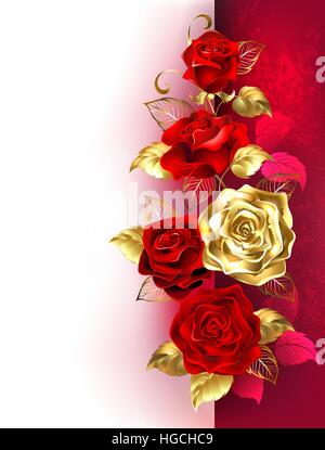 Design con rosso e oro rose su un bianco e lo sfondo rosso. Design con rose. Illustrazione Vettoriale