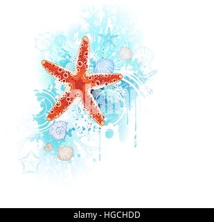 Artisticamente dipinte di rosso starfish con conchiglie e coralli blu su uno sfondo bianco. Illustrazione Vettoriale