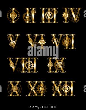 Set di oreficeria, gioielleria, isolato in numeri romani insieme con gli ingranaggi su uno sfondo nero. Steampunk. Design con ingranaggi d'oro. In stile gotico. Illustrazione Vettoriale