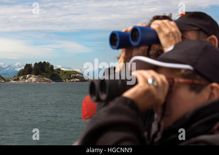 I passeggeri con il binocolo su una nave da crociera Safari adopera cercando una colonia di Steller leoni di mare (Eumetopias jubatus) a sud dell'isola di marmo in Glacie Foto Stock