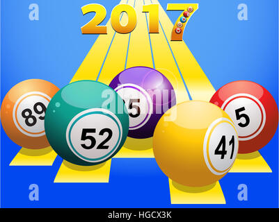 Le sfere di bingo su strisce gialle con 2017 in numeri su sfondo blu Foto Stock