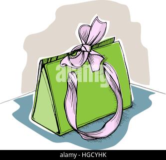 Dono green shopping bag con nastri e un fiocco rosa Illustrazione Vettoriale