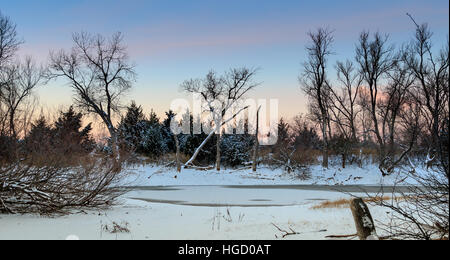 Un piccolo laghetto in inverno il ghiaccio e la neve Foto Stock