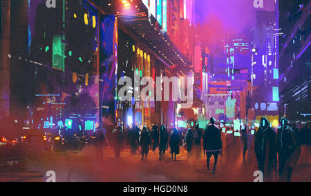 Persone che camminano in sci-fi di città di notte con luce colorata, illustrazione pittura Foto Stock