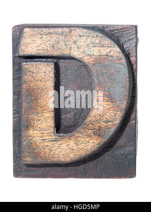 Dettagliato in legno vintage D lettera carattere tipografico isolato Foto Stock