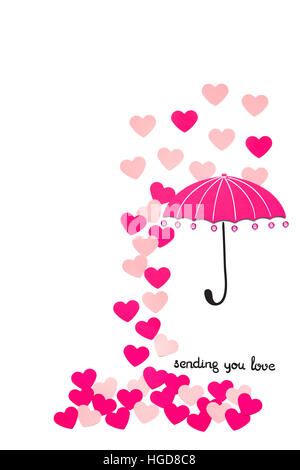 Creative valentines concetto foto di carta ombrello con cuori piovono su sfondo bianco. Foto Stock