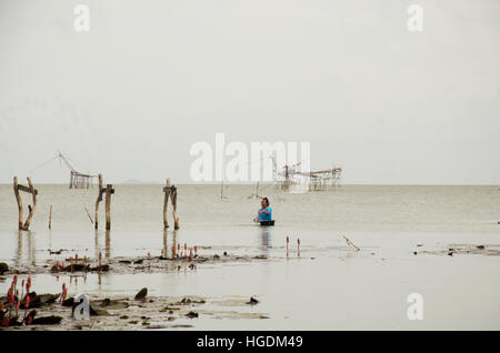 I pescatori per la cattura di pesce e vista di pesca e di sollevamento dip macchina netto nel canale sul divieto di Pra Pak villaggio nel tempo del tramonto su Settembre 27, 2016 in Phatthalung Foto Stock