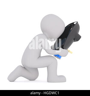 3D Rendering della figura del fumetto in ginocchio e cerca attraverso una mascherina di sicurezza tenendo TORCIA SOFFIANTE di fronte a uno sfondo bianco Foto Stock
