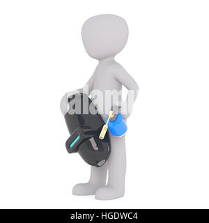 3D Rendering della figura del fumetto azienda maschera di sicurezza e torcia soffiante di fronte a uno sfondo bianco con spazio di copia Foto Stock