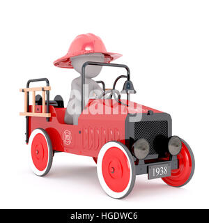 3D Rendering della figura del fumetto che indossa il casco rosso e la Guida di vecchio stile Fire carrello davanti a uno sfondo bianco con spazio di copia Foto Stock