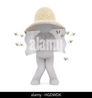 3D Rendering di Cartoon figura indossa Bee Keeper Hat circondato da ronzii di api mentre in piedi con nervosamente con le ginocchia insieme nella parte anteriore del bianco B Foto Stock