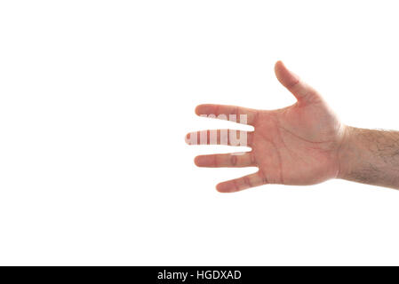 La mano che mostra cinque dita per il conteggio e indicando i numeri. Agitando a mano. Ciao Foto Stock