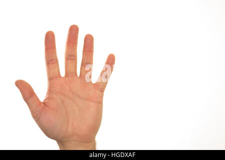 La mano che mostra cinque dita per il conteggio e indicando i numeri. Agitando a mano. Ciao Foto Stock