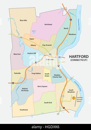 Nighborhood mappa di Hartford, la capitale dello stato americano del Connecticut Illustrazione Vettoriale