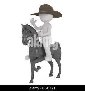 3D reso figura seduta in cima cavallo grigio mentre si indossa il cappello da cowboy contro uno sfondo bianco Foto Stock