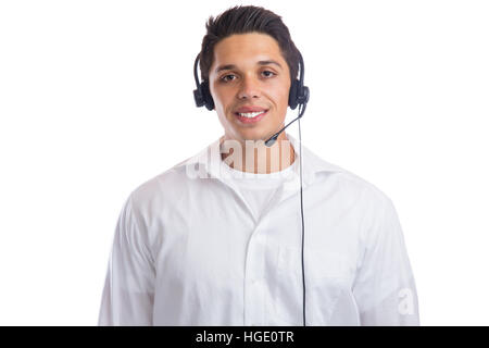 Giovane Uomo con cuffie telefono agente del call center business ritratto isolato su uno sfondo bianco Foto Stock