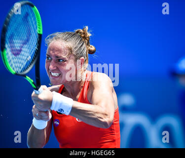 Sydney, Australia. 08 gen 2017. Kateryna BONDARENKO (UKR) in azione durante il match di qualificazione con Naomi Broady (GBR) il giorno 1 presso il Sydney Olympic Park Tennis Center. Bondarenko beat Broady 6-1, 6-1 © Hugh Peterswald/Pacific Press/Alamy Live News Foto Stock