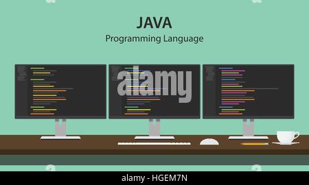 Illustrazione del linguaggio di programmazione JAVA codice visualizzato su tre monitor in una fila ad area di lavoro programmatore Illustrazione Vettoriale