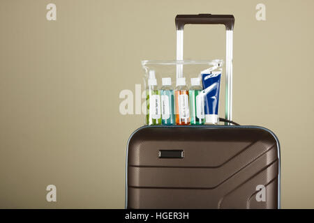 Liquidi cosmetici in bustina. Liquido controllo sicurezza in aeroporto Foto Stock