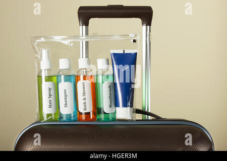 Liquidi cosmetici in bustina. Liquido controllo sicurezza in aeroporto Foto Stock