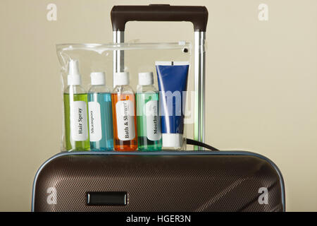Liquidi cosmetici in bustina. Liquido controllo sicurezza in aeroporto Foto Stock