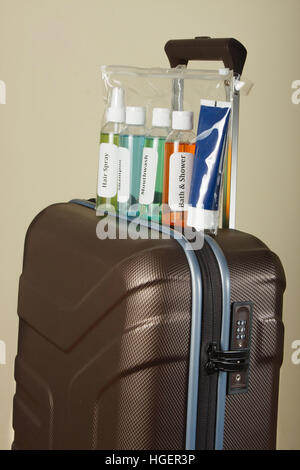 Liquidi cosmetici in bustina. Liquido controllo sicurezza in aeroporto Foto Stock