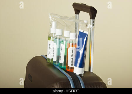 Liquidi cosmetici in bustina. Liquido controllo sicurezza in aeroporto Foto Stock