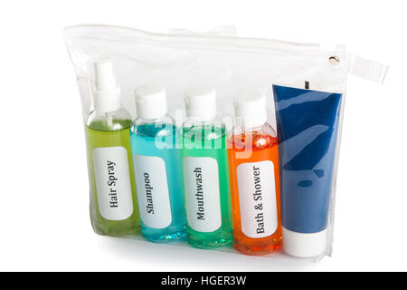 Liquidi cosmetici in bustina. Liquido controllo sicurezza in aeroporto Foto Stock