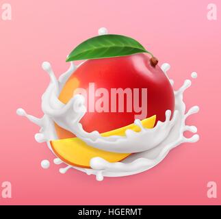 Mango e latte splash. Frutta e yogurt. 3d'icona vettore. Illustrazione realistica Illustrazione Vettoriale