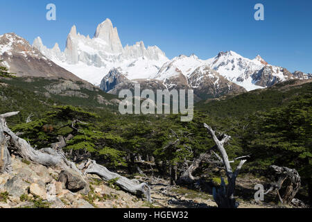 Vista del Monte Fitz Roy sulla Laguna de los Tres trail, El Chalten, Patagonia, Argentina, Sud America Foto Stock