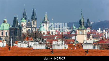 Praga Panorama Città Vecchia con torri, Praga, Repubblica Ceca Foto Stock