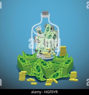 Banca di vetro per tenere i soldi e un dollaro moneta. isolare su sfondo grigio. utilizzato per la stampa, siti web, arredamento, design, telefono etc Illustrazione Vettoriale