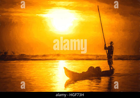 La pesca tradizionale piroga al tramonto sul fiume Tsiribihina in Madagascar Foto Stock