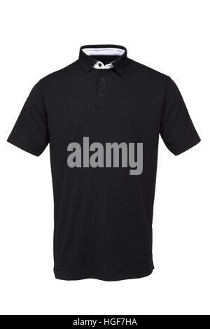 Black golf tee shirt con colletto bianco per uomo su sfondo bianco Foto Stock